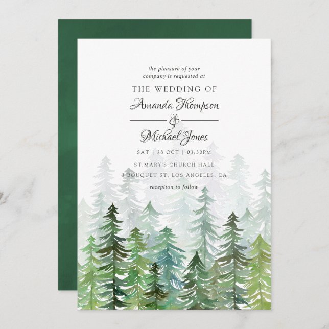 Invitation Aquarelle Pine Arbres Mariage d'hiver (Devant / Derrière)