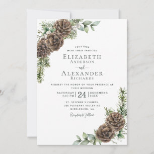 Invitation Aquarelle Pine Cône Verdure Mariage d'hiver