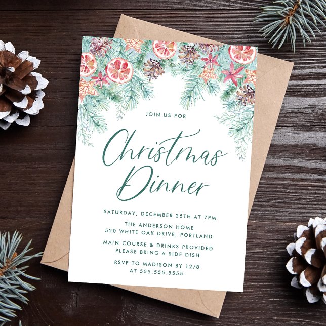 Invitation Aquarelle Pine de Noël et Citrus Dîner de Vacances (Créateur téléchargé)