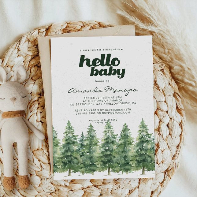 Invitation Aquarelle Pine d'hiver Baby shower de neige (Créateur téléchargé)