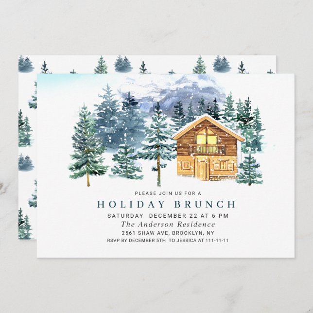 Invitation Aquarelle Pine Tree Chic Noël VACANCES BRUNCH (Devant / Derrière)