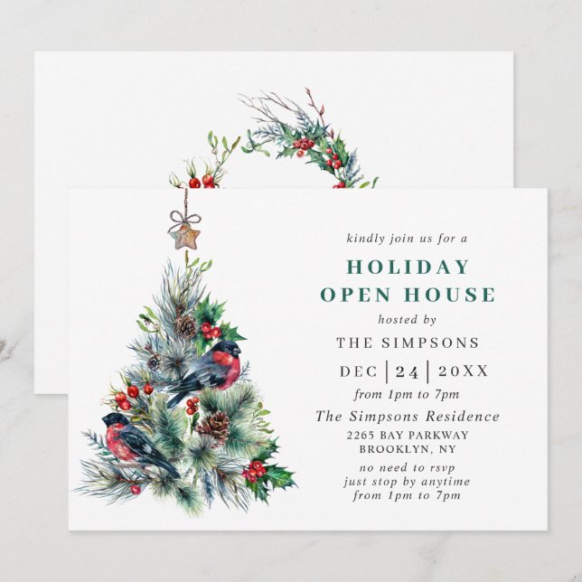 Invitation Aquarelle Pine Tree Noël Holiday Open House (Devant / Derrière)