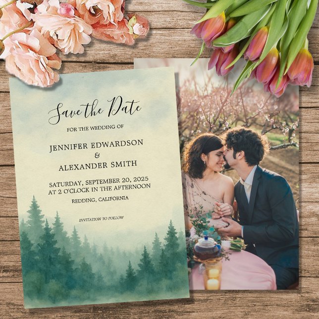 Invitation Aquarelle pinède forêt Enregistrer la photo Date (Watercolor pine tree forest Save the Date photo Invitation. For your rustic wedding.)