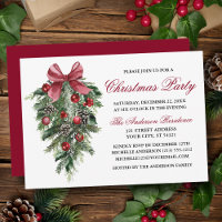 Aquarelle Pines Berries Bow Red Christmas Party