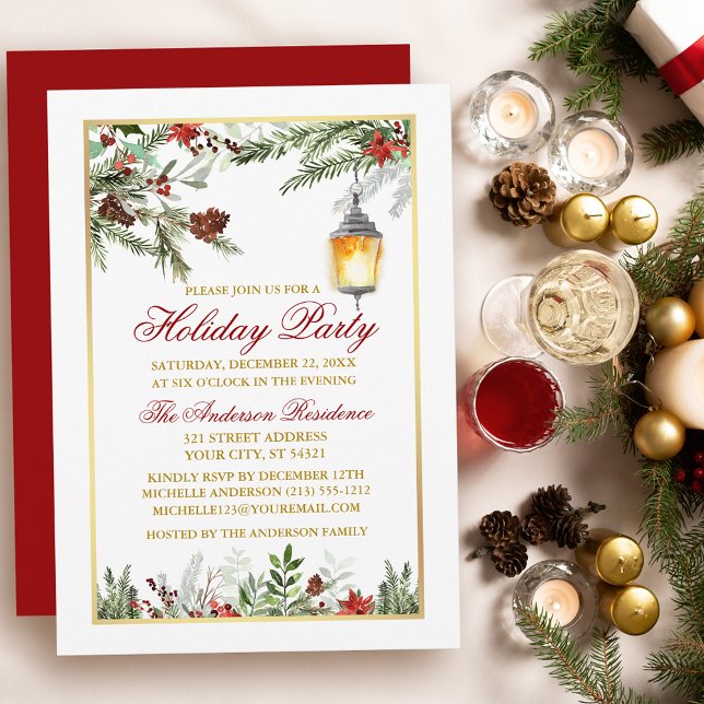 Invitation Aquarelle Pines Poinsettia Fête Gold (Customize to change text size, text style or to change color of back of card.)