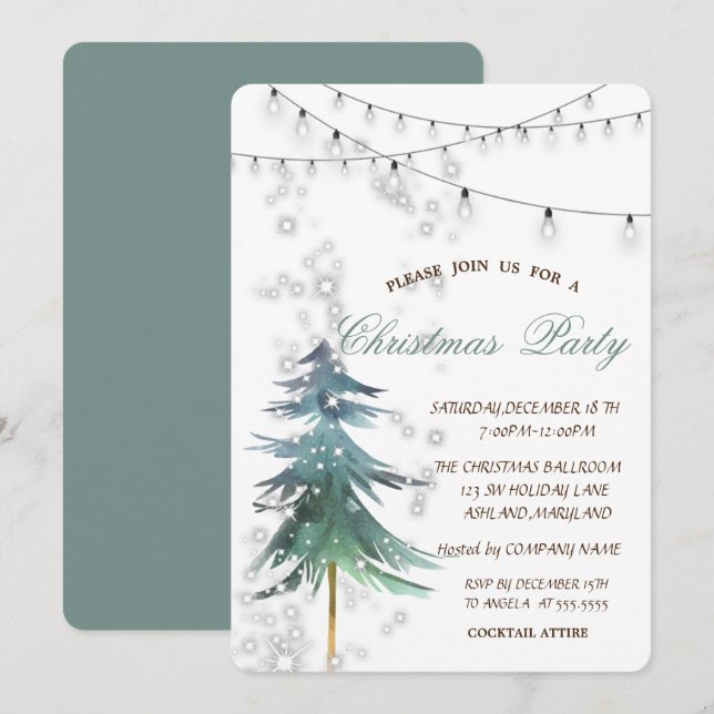 Invitation Aquarelle PineTree, Étincelle, Lumières, Fête de N (Devant / Derrière)