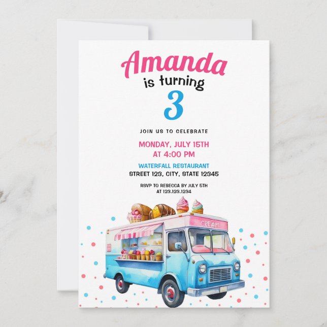 Invitation Aquarelle Pink and Blue Ice Cream Camion Anniversa (Devant)