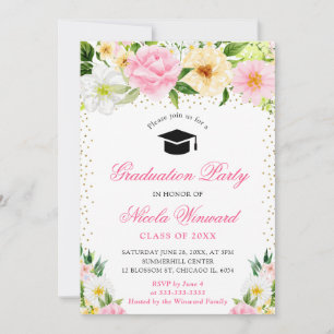 Invitation Aquarelle Pink and Yellow Flowers Graduation