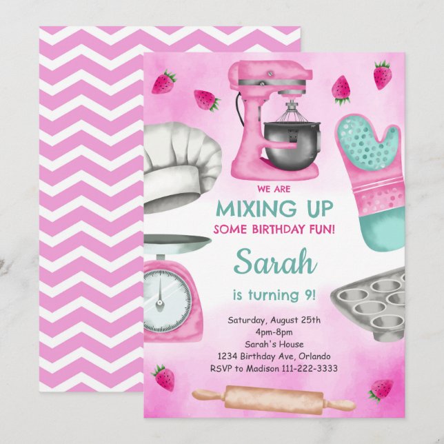 Invitation Aquarelle Pink Baking Cuisine Anniversaire Invitat (Devant / Derrière)