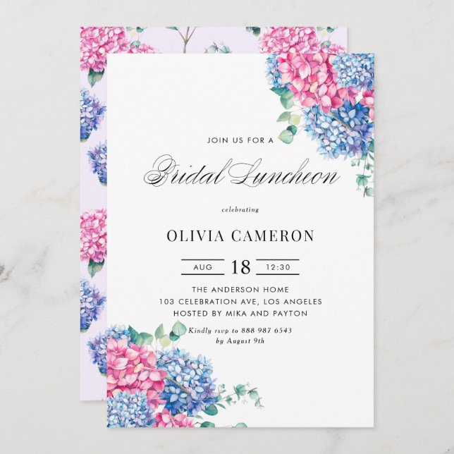 Invitation Aquarelle Pink & Blue Hydrangeas Bridal Luncheon (Devant / Derrière)