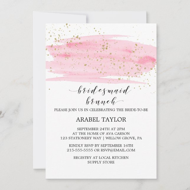 Invitation Aquarelle Pink Blush et Gold Bridesmaid Brunch (Devant)
