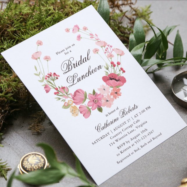 Invitation Aquarelle Pink Country Flowers Déjeuner nuptial (Créateur téléchargé)