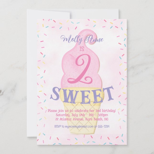 Invitation Aquarelle Pink Ice Cream Cone 2e anniversaire fill (Devant)