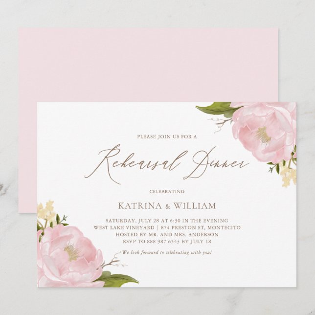 Invitation Aquarelle Pink Peonies Dîner De Répétition (Devant / Derrière)