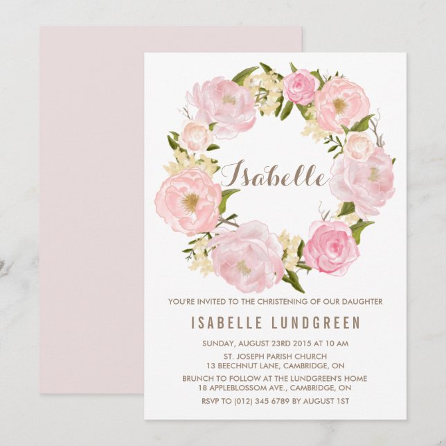 Invitation Aquarelle Pink Peonies Wreath Christening (Devant / Derrière)