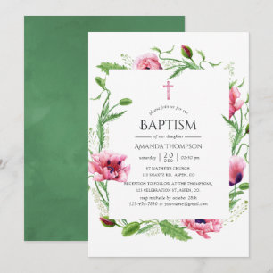 Invitation Aquarelle Pink Poppies Baptême