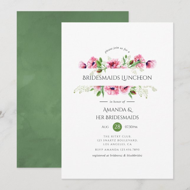 Invitation Aquarelle Pink Poppies Bridesservantes Déjeuner (Devant / Derrière)