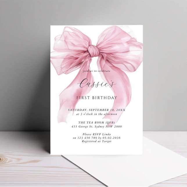 Invitation Aquarelle Pink Ribbon Bow Premier anniversaire (Créateur téléchargé)