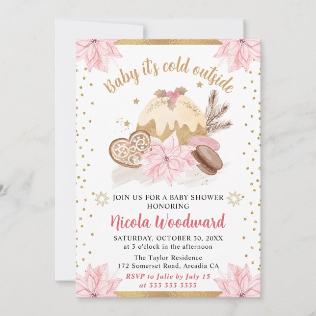 Invitation Aquarelle Pink Winter Cakes & Cookies Baby shower (Devant)