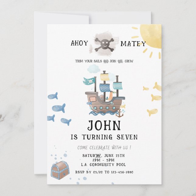 Invitation Aquarelle Pirates Anniversaire (Devant)