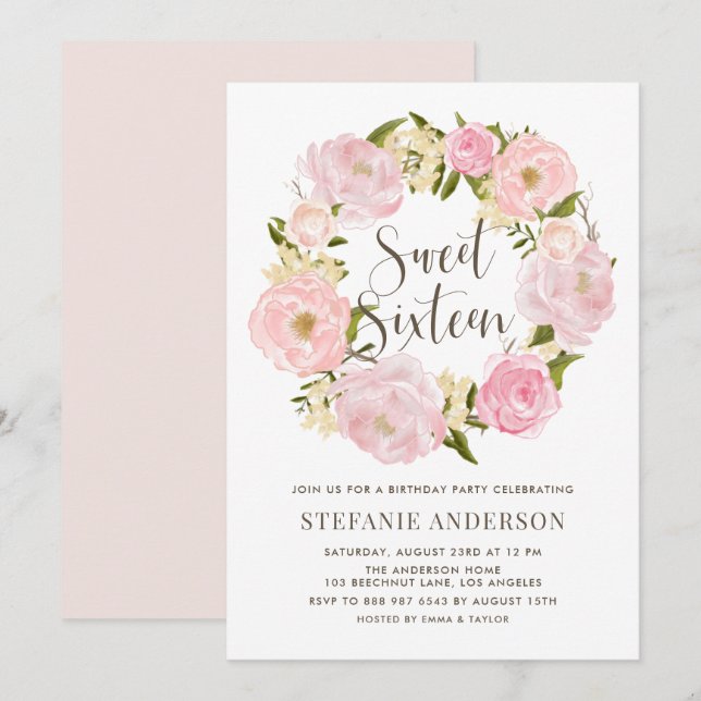 Invitation Aquarelle Pis Rose Bleu Sweet sixteen de couronne (Devant / Derrière)