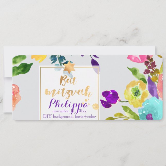 Invitation Aquarelle PixDezines/Floral/Bat mitzvah (Devant)
