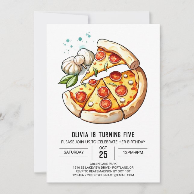 Invitation Aquarelle Pizza Enfants Anniversaire (Devant)