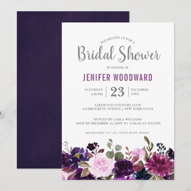 Invitation Aquarelle Plum violet Floral Boho Fête des mariées (Devant / Derrière)