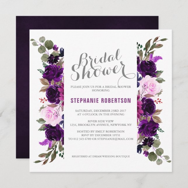 Invitation Aquarelle Plum violet Floral Boho Fête des mariées (Devant / Derrière)