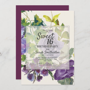 Invitation Aquarelle Plum violet Floral vert feuille douce 16