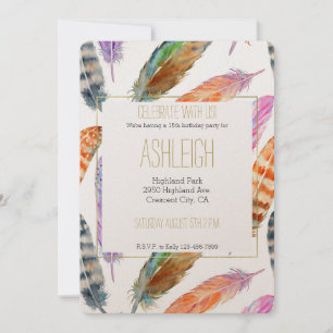Invitation Aquarelle Plumes Anniversaire