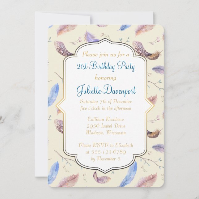 Invitation Aquarelle Plumes et cadre fantaisie Anniversaire (Devant)
