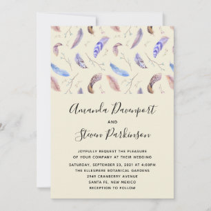 Invitation Aquarelle Plumes et Mariage Feuille