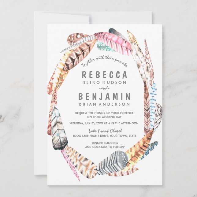 Invitation Aquarelle Plumes Rustique Bohème Mariage Invitatio (Devant)