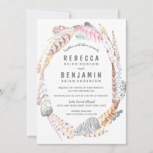 Invitation Aquarelle Plumes Rustique Bohème Mariage Invitatio
