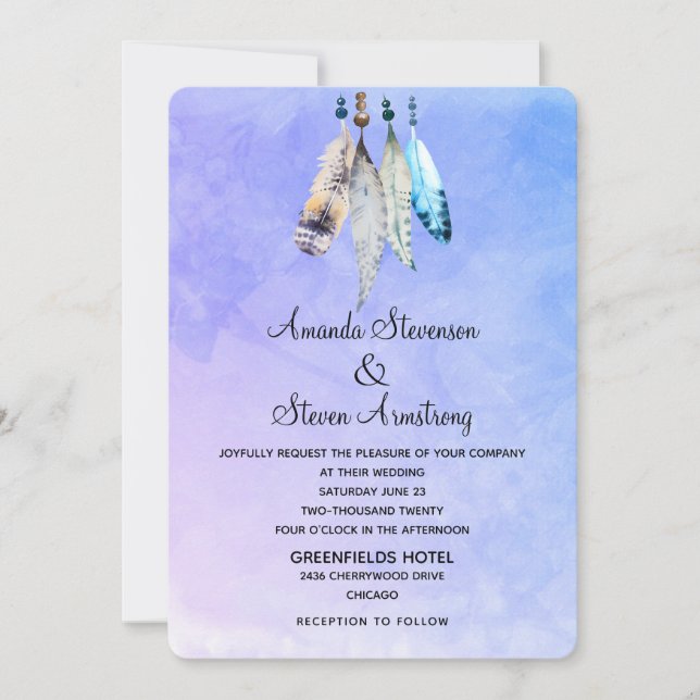 Invitation Aquarelle plumes sur bleu violet Mariage (Devant)