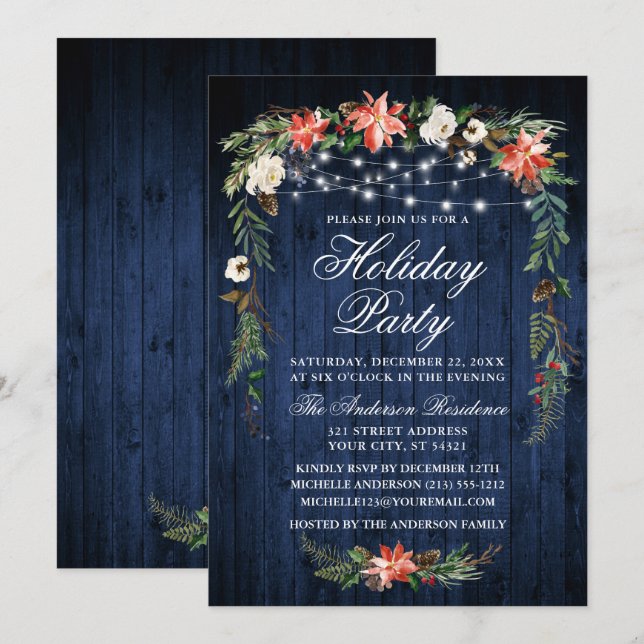 Invitation Aquarelle Poinsettia Bleu Bois Lumières (Devant / Derrière)