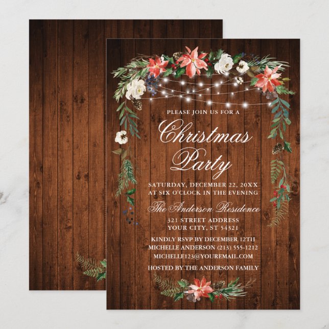 Invitation Aquarelle Poinsettia Bois Lumières Noël (Devant / Derrière)