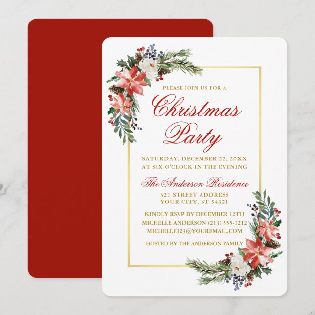Invitation Aquarelle Poinsettia Christmas Party Gold Rouge (Devant / Derrière)