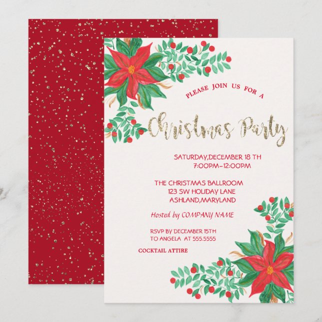 Invitation Aquarelle Poinsettia, Confetti Entreprise Noël (Devant / Derrière)