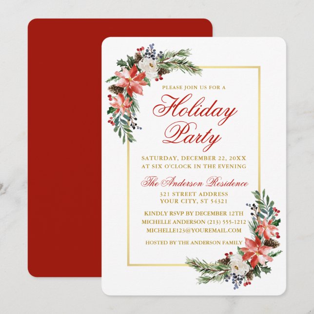 Invitation Aquarelle Poinsettia Fête Gold Rouge (Devant / Derrière)