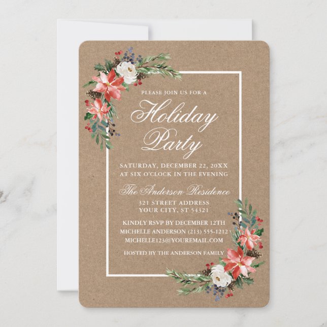 Invitation Aquarelle Poinsettia Fête Kraft (Devant)