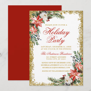 Invitation Aquarelle Poinsettia Fête Parties scintillant Roug