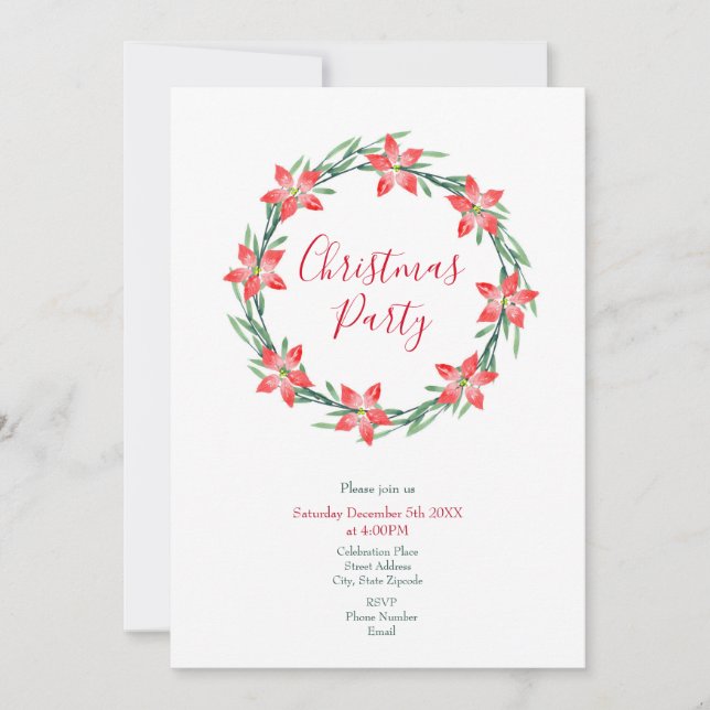 Invitation Aquarelle Poinsettia Feuille Wreath (Devant)