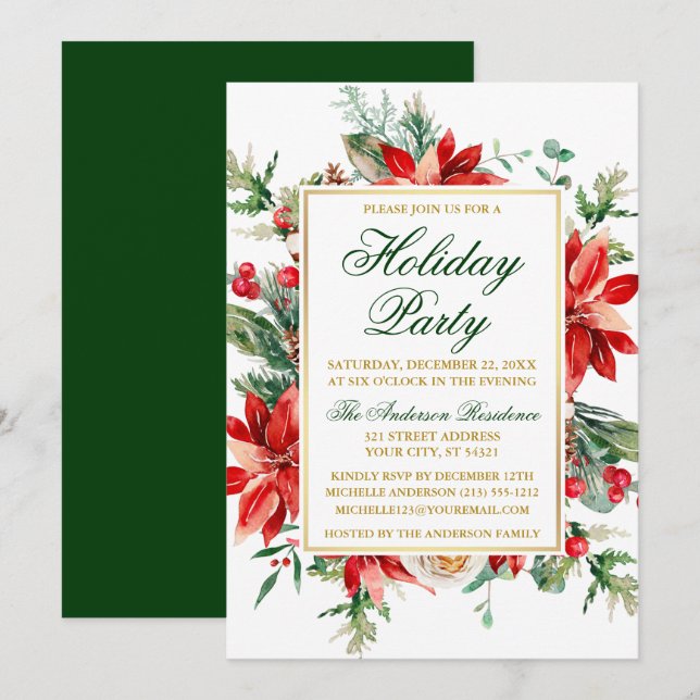 Invitation Aquarelle Poinsettia Floral Gold Fête (Devant / Derrière)