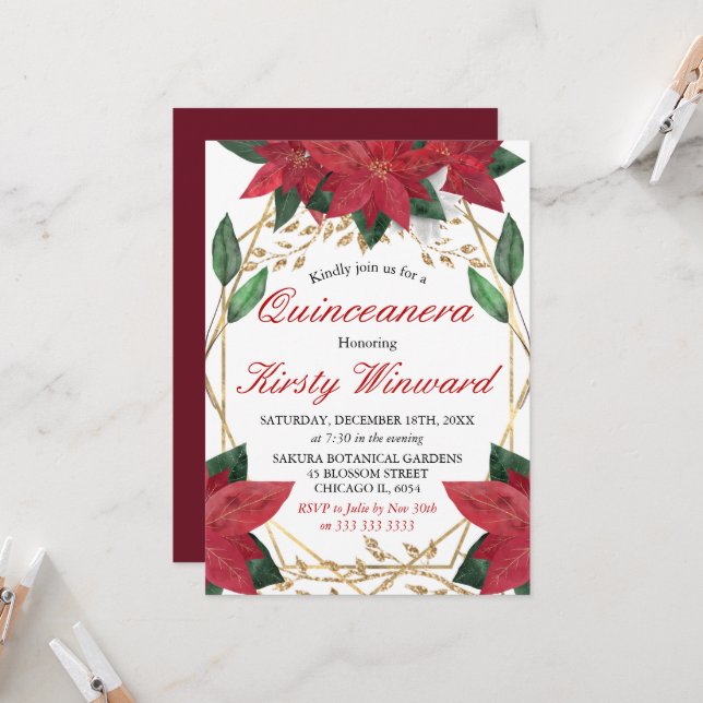 Invitation Aquarelle Poinsettia Floral Noël Quinceanera (Devant/Arrière en situation)
