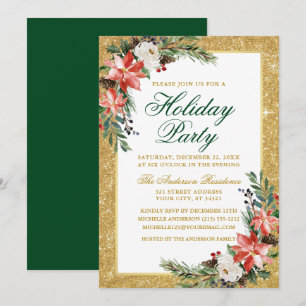 Invitation Aquarelle Poinsettia Parties scintillant Fête