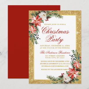 Invitation Aquarelle Poinsettia Parties scintillant Fête de N