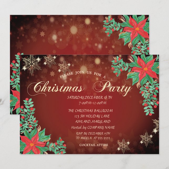 Invitation Aquarelle Poinsettia Snowflakes Noël (Devant / Derrière)
