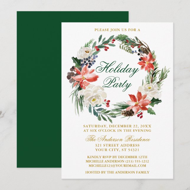 Invitation Aquarelle Poinsettia Wreath Green Fête (Devant / Derrière)